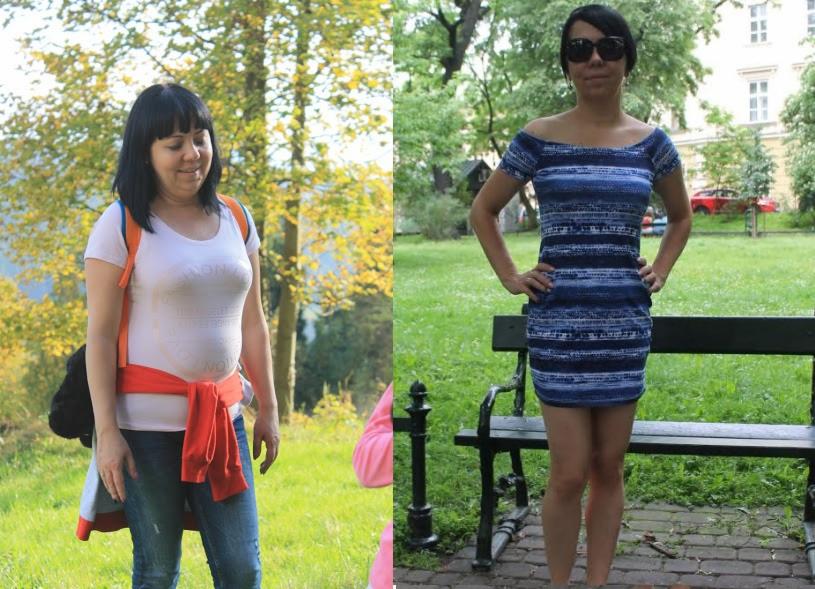 Kobieta przed i po przemianie sylwetki, na zdjęciu po prawej w okularach przeciwsłonecznych i dopasowanej sukience w paski, stojąca na tle parku z ławką.