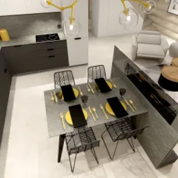 Wnętrze przestronnego salonu z aneksem kuchennym i jadalnią, widok z góry, nowoczesny design, szaro-biała kolorystyka, drewniane akcenty, stół jadalny z nakryciem na cztery osoby, minimalistyczne...