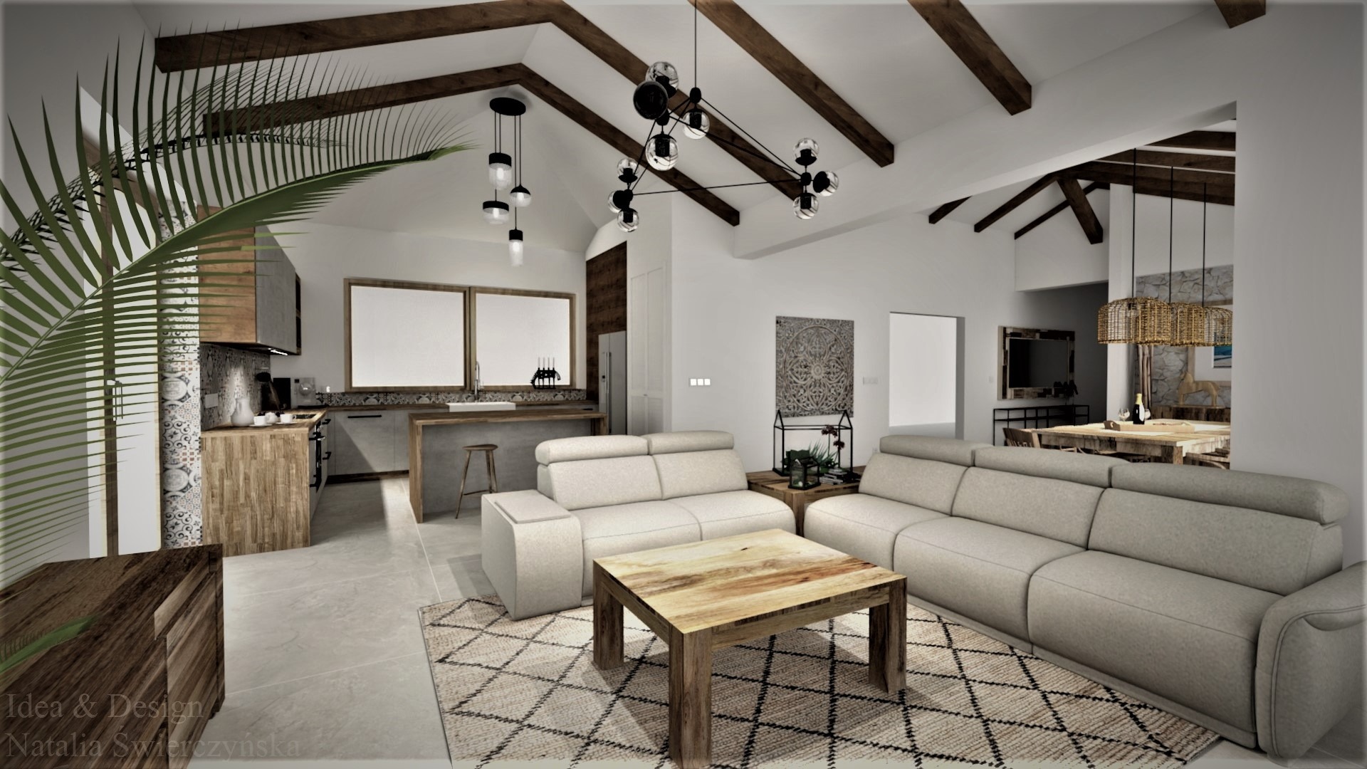 Wizualizacja przestronnego salonu z otwartą kuchnią, drewnianymi belkami stropowymi i nowoczesnym oświetleniem, z przewagą bieli i naturalnego drewna, dywan w geometryczny wzór.