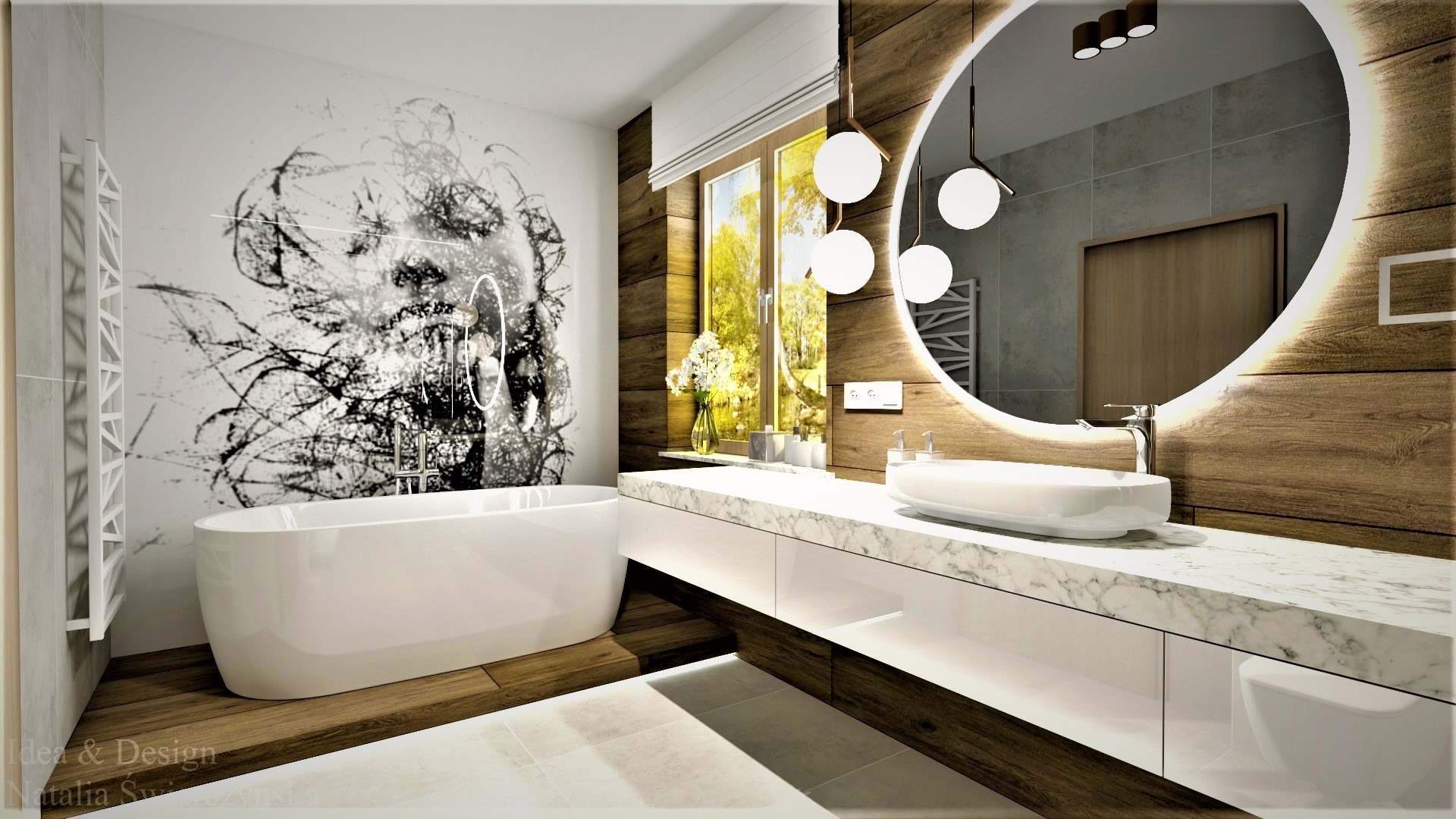 Nowoczesna łazienka z wanną wolnostojącą, umywalką nablatową na marmurowym blacie i okrągłym lustrem z podświetleniem LED, ściana z artystycznym malunkiem.