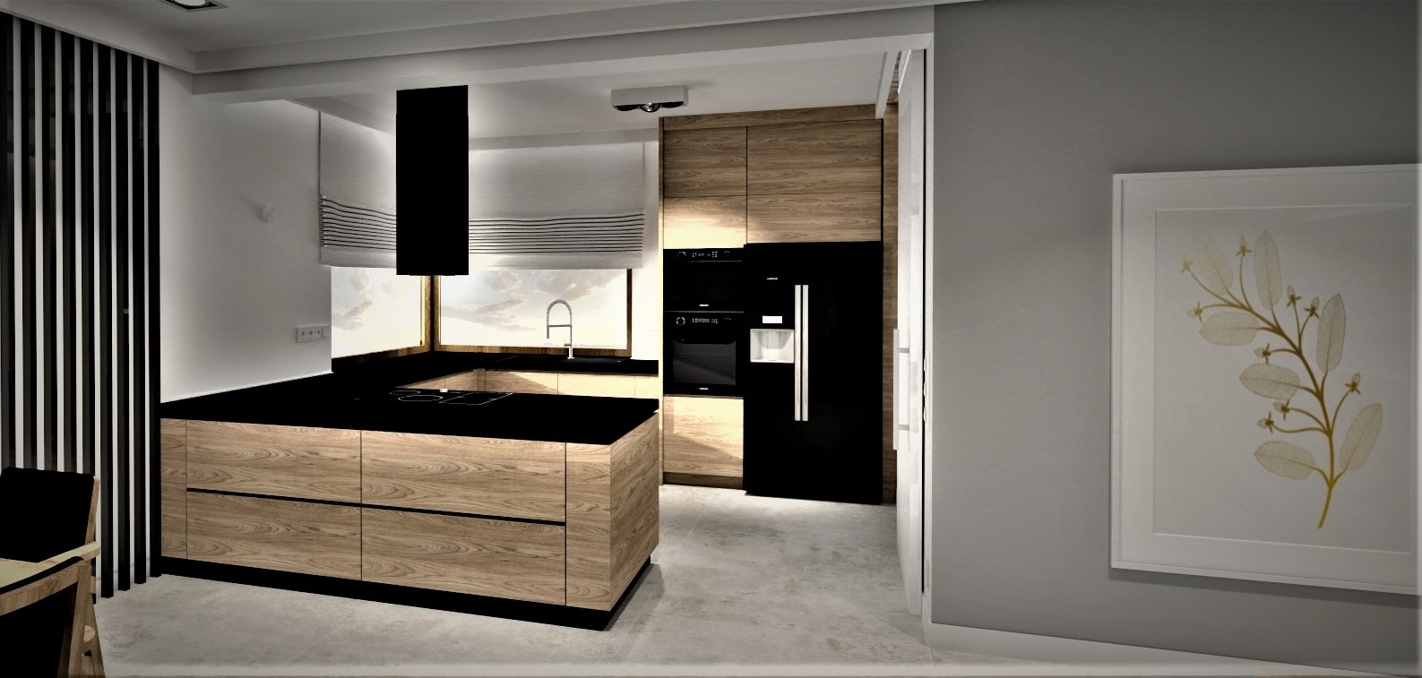Nowoczesna kuchnia z drewnianymi szafkami, czarnym blatem i minimalistycznym okapem, widok na okno z żaluzjami poziomymi i czarna zabudowa sprzętu AGD, na ścianie obrazek z motywem roślinnym.