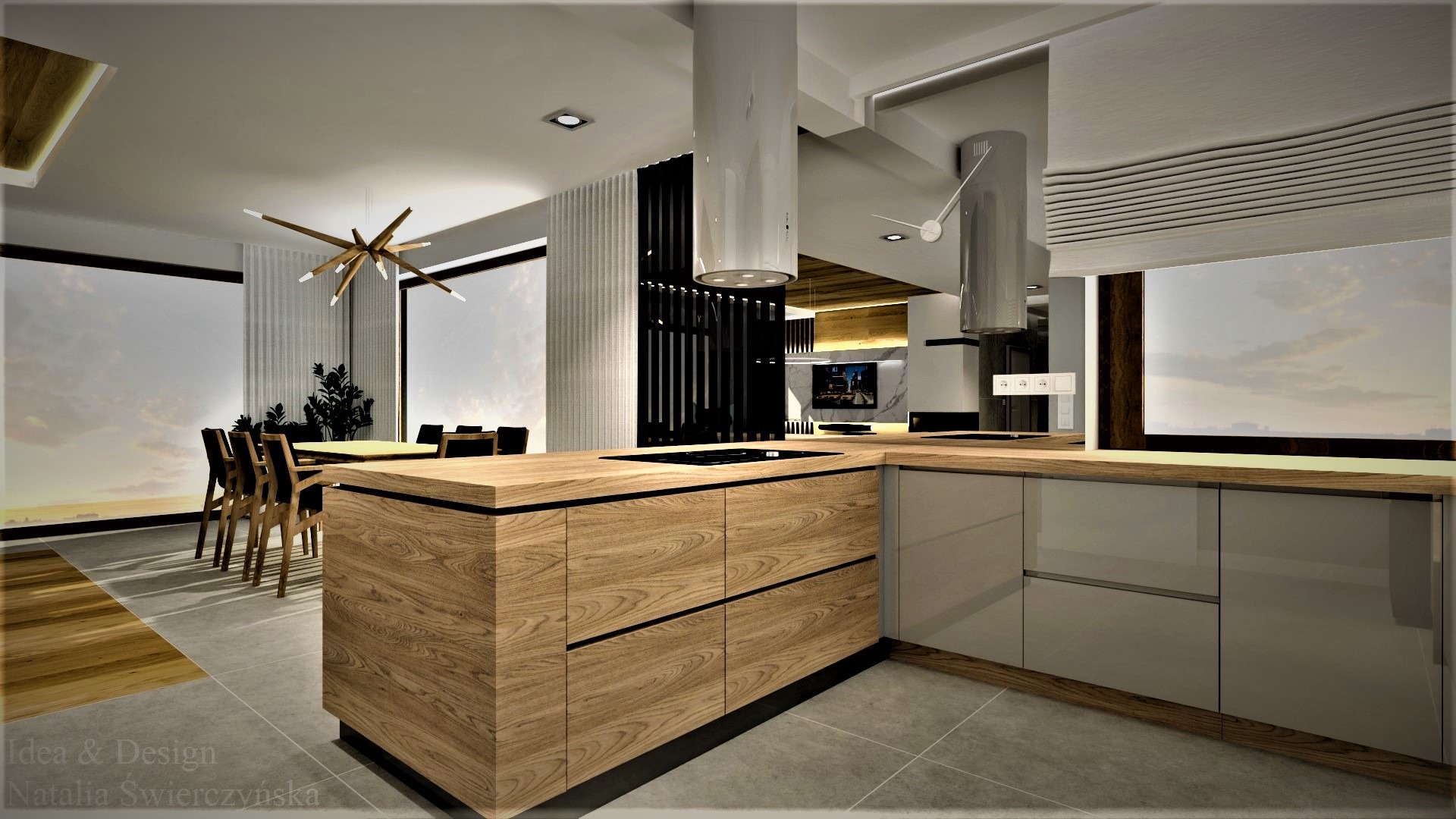 Wizualizacja nowoczesnej kuchni z wyspą o drewnianym fornirze, minimalistycznymi szarymi szafkami, okapami cylindrycznymi i widokiem na zachód słońca za oknem.