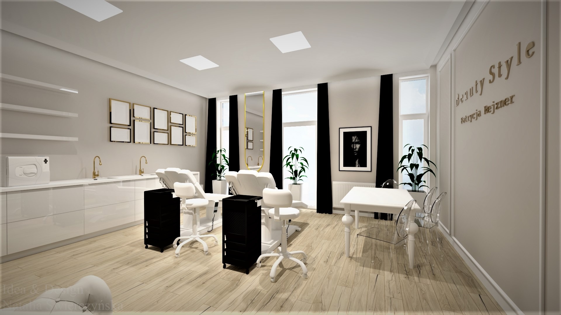 Wizualizacja wnętrza salonu kosmetycznego w jasnych barwach z białymi meblami, czarnymi zasłonami, i złotymi akcentami, w tym ramkami i armaturą.