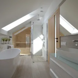 Jasna łazienka na poddaszu ze skośnym oknem dachowym, wolnostojąca wanna, szklana kabina prysznicowa i sauna w tle.
