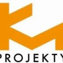 Pomarańczowe logo firmy projektowej z abstrakcyjnym symbolem przypominającym połączone litery K i M, poniżej napis 'PROJEKTY' pogrubioną czcionką.