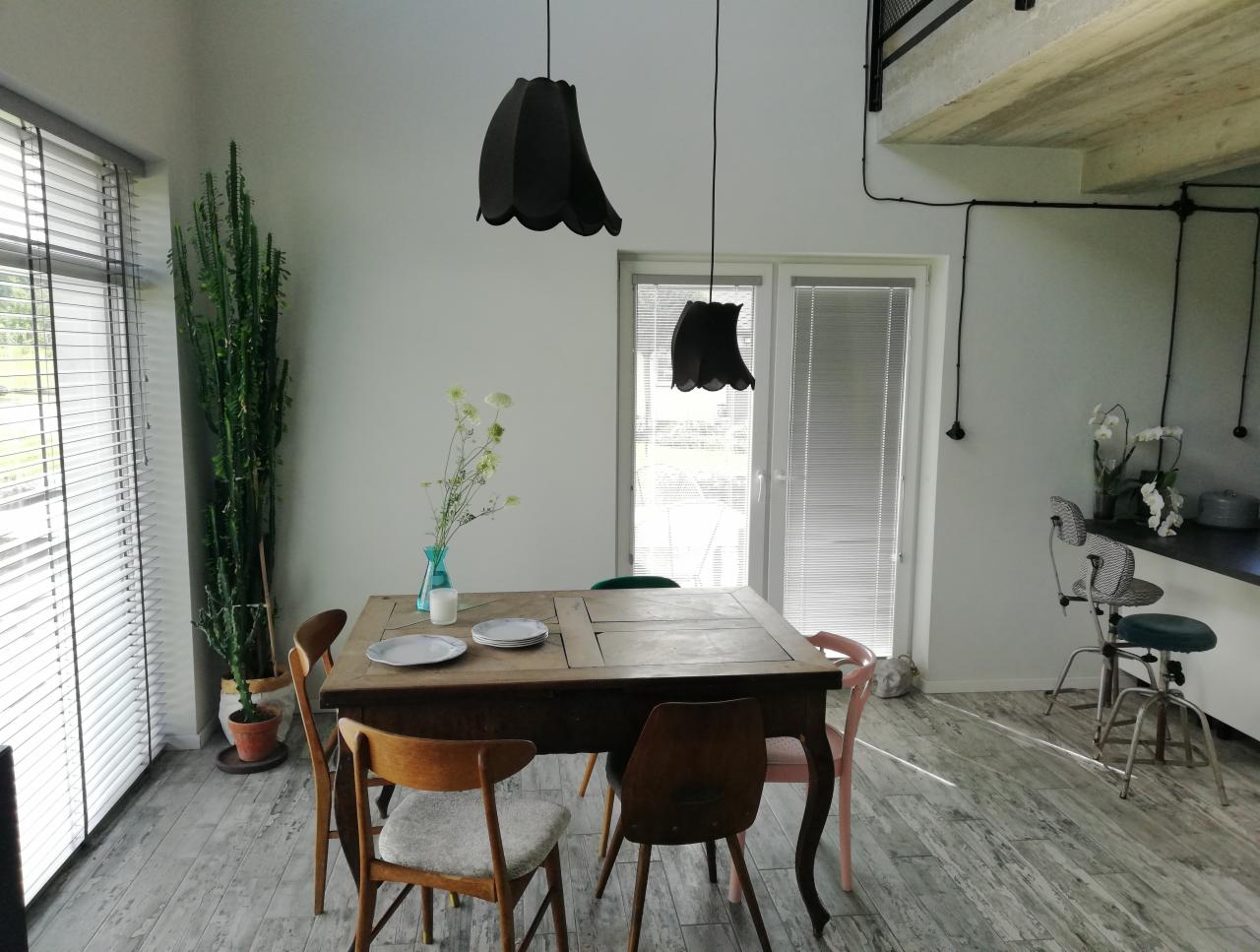 Jadalnia w stylu skandynawskim z drewnianym stołem, różnymi krzesłami, dużym kaktusem w doniczce przy oknie i wiszącymi lampami z czarnymi abażurami.