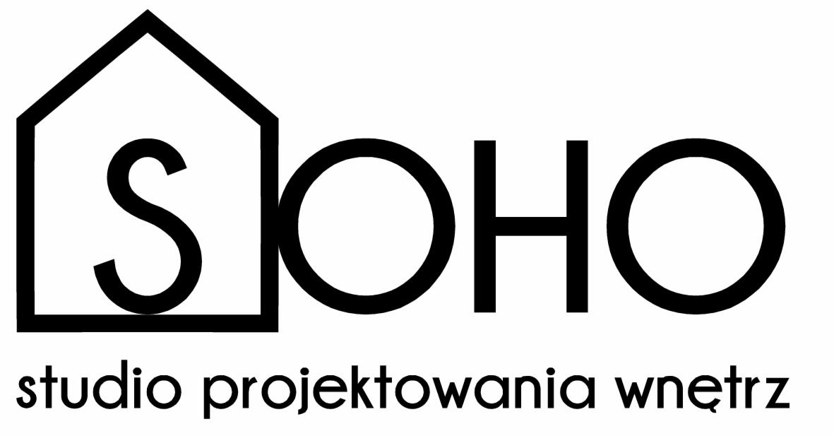 Logo firmy SOHO studio projektowania wnętrz, czarne litery, minimalistyczny design z obrysem domu nad literą S.