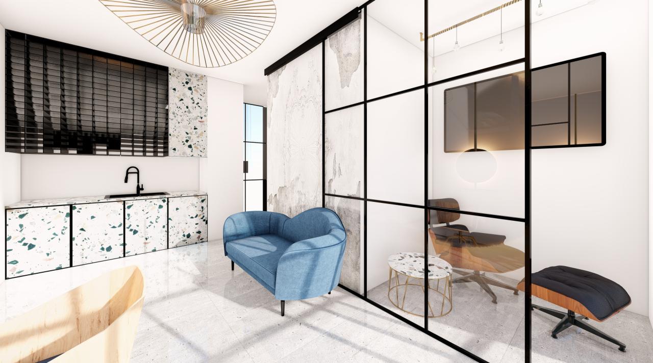 Wizualizacja nowoczesnego wnętrza z niebieską sofą, ścianką działową ze szkła i czarnych profili, oraz blatem kuchennym z wzorem lastryko.