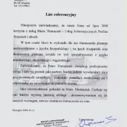 Skan listu referencyjnego dla biura tłumaczeń, z tekstem zawierającym pozytywne opinie o jakości i terminowości świadczonych usług tłumaczeniowych, podpisany i datowany.