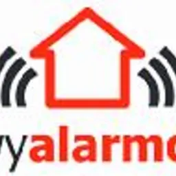 Logo firmy zestawyalarmowe.pl z czerwonym konturem domu i symbolami fal radiowych po bokach.