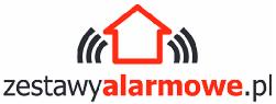 Logo firmy zestawyalarmowe.pl z czerwonym konturem domu i symbolami fal radiowych po bokach.