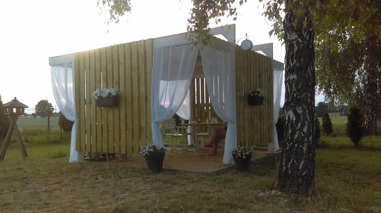 Drewniana altana z białymi zasłonami, donicami z kwiatami i zegarem na ścianie, widoczna zza pnia brzozy na trawiastym terenie.