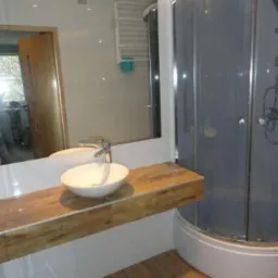 Nowoczesna łazienka z kabiną prysznicową, drewnianym blatem pod umywalką i dużym lustrem odbijającym okno.