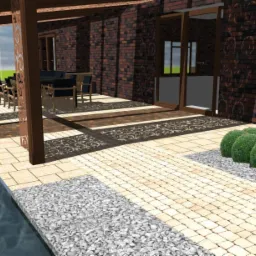 Wizualizacja ogrodu z pergolą, wąskim zbiornikiem wodnym, ścieżką z kostki brukowej, rabatą z kulistych krzewów i roślin ozdobnych przy ceglanym budynku.