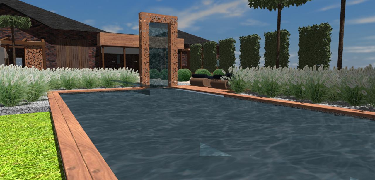 Wizualizacja ogrodu z basenem otoczonym ozdobnymi trawami, drewnianym obramowaniem i ażurową konstrukcją ze stali korten z elementami wodnymi, na tle nowoczesnego domu z cegły.