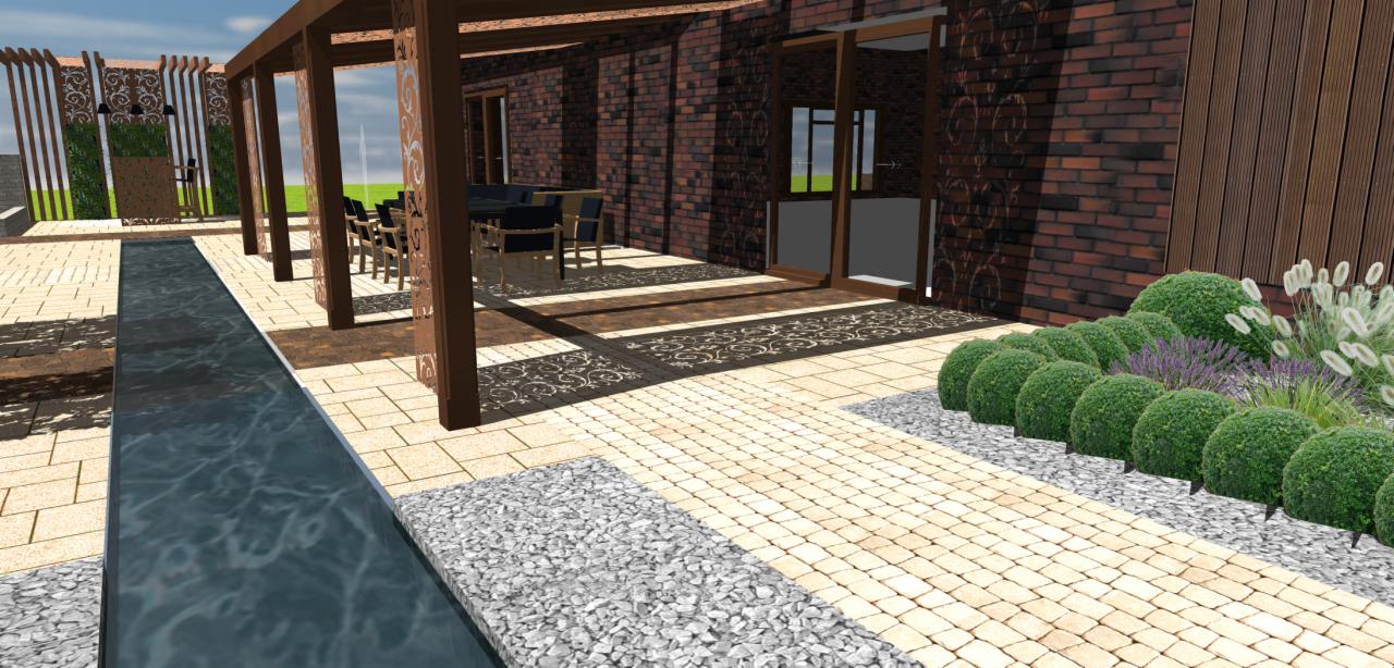 Wizualizacja ogrodu z pergolą, wąskim zbiornikiem wodnym, ścieżką z kostki brukowej, rabatą z kulistych krzewów i roślin ozdobnych przy ceglanym budynku.