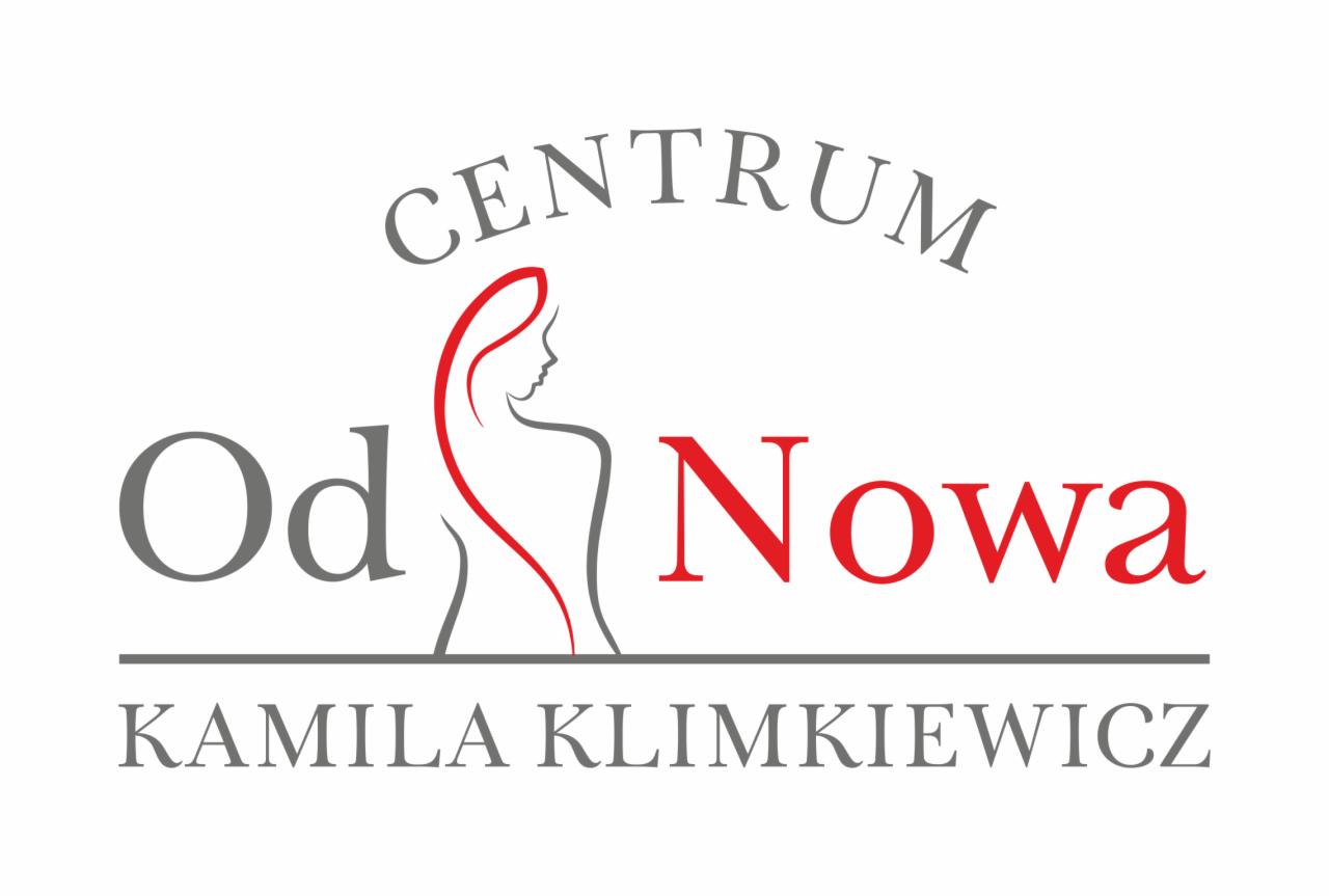Logo Centrum OdNowa Kamila Klimkiewicz z sylwetką kobiety w kolorach szarym i czerwonym.