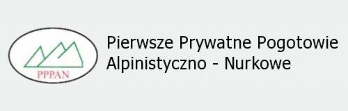 Logo firmy 'Pierwsze Prywatne Pogotowie Alpinistyczno-Nurkowe' z symbolem gór w elipsie i skrótem 'PPPAN'.