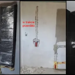 Trzy kadry prezentujące etapy prac w łazience: stan surowy z zakrytymi elementami, ściana w trakcie kucia pod instalację hydrauliczną oraz wykończona, ciemna kabina prysznicowa z deszczownicą.