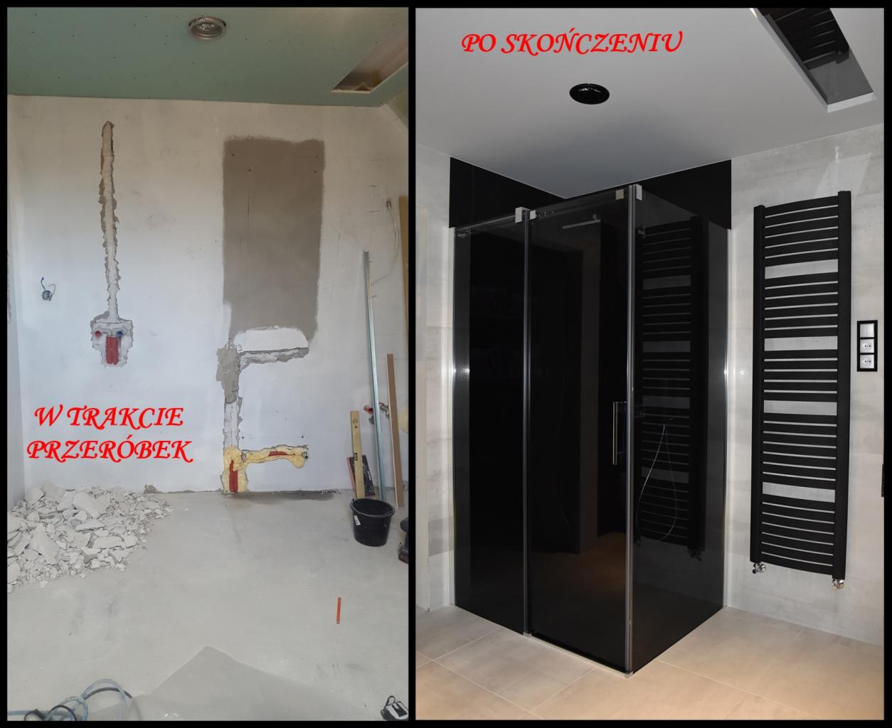 Porównanie: łazienka w trakcie przeróbek instalacji hydraulicznych i po remoncie. Widoczne zmiany w układzie rur, wykończeniu ścian oraz montaż czarnej kabiny prysznicowej i grzejnika.