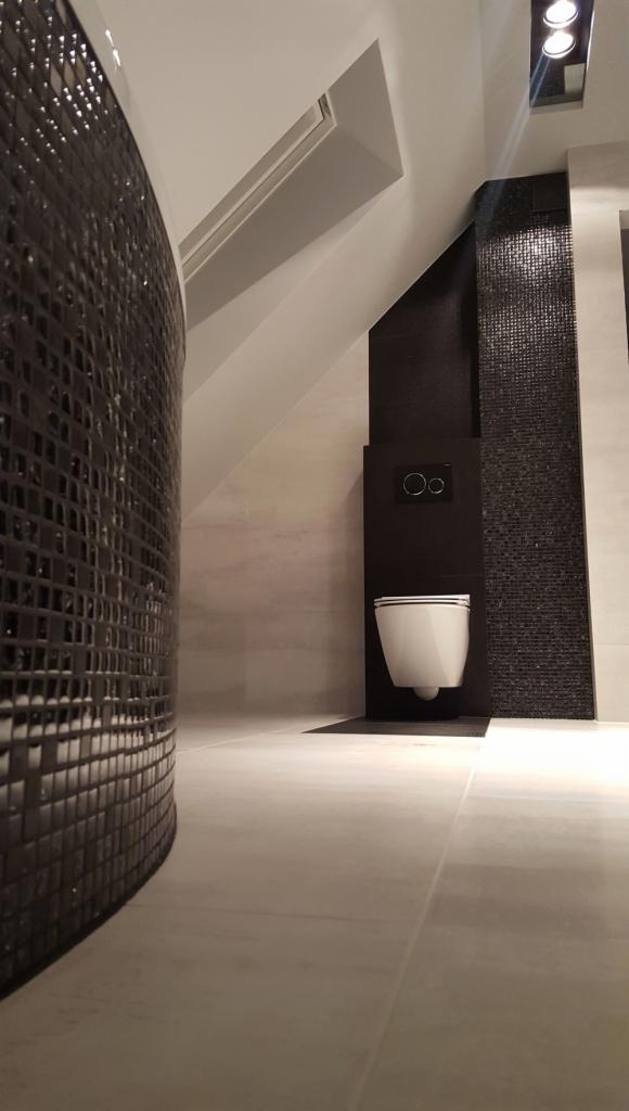 Nowoczesna łazienka w skosach: wisząca toaleta na czarnym tle z mozaiką, zaokrąglona ściana z ciemnych płytek, oświetlenie punktowe i okno dachowe.