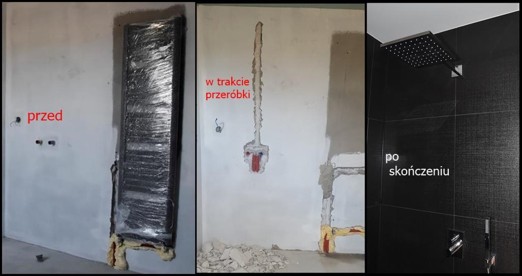 Trzy kadry prezentujące etapy prac w łazience: stan surowy z zakrytymi elementami, ściana w trakcie kucia pod instalację hydrauliczną oraz wykończona, ciemna kabina prysznicowa z deszczownicą.