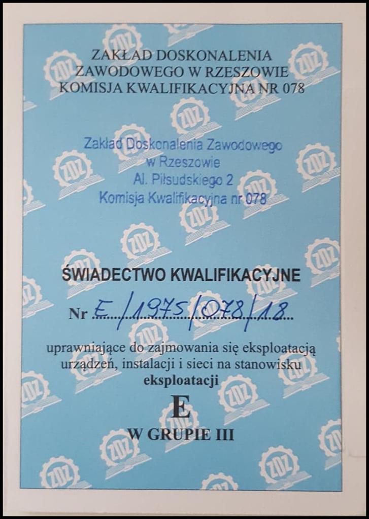 Skan świadectwa kwalifikacyjnego Zakładu Doskonalenia Zawodowego w Rzeszowie, uprawniającego do eksploatacji urządzeń, instalacji i sieci w grupie III.