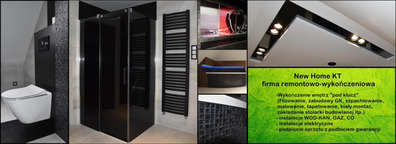 Nowoczesna łazienka w czerni i bieli: wisząca toaleta, kabina prysznicowa typu walk-in, grzejnik drabinkowy, mozaika na ścianie, oświetlenie sufitowe i dekoracyjne elementy wykończeniowe.