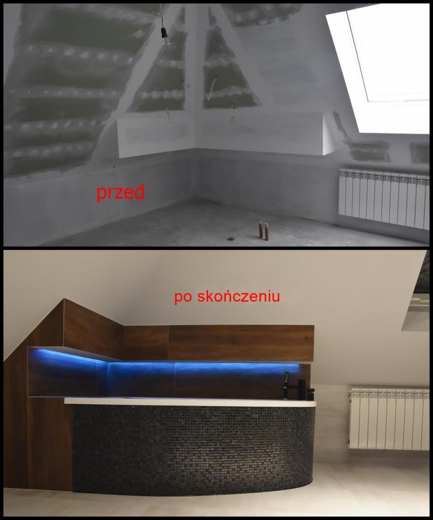Porównanie stanu łazienki na poddaszu przed i po metamorfozie: surowe ściany z instalacjami kontra zabudowana wanna z mozaiką, drewnianym wykończeniem i podświetleniem LED.