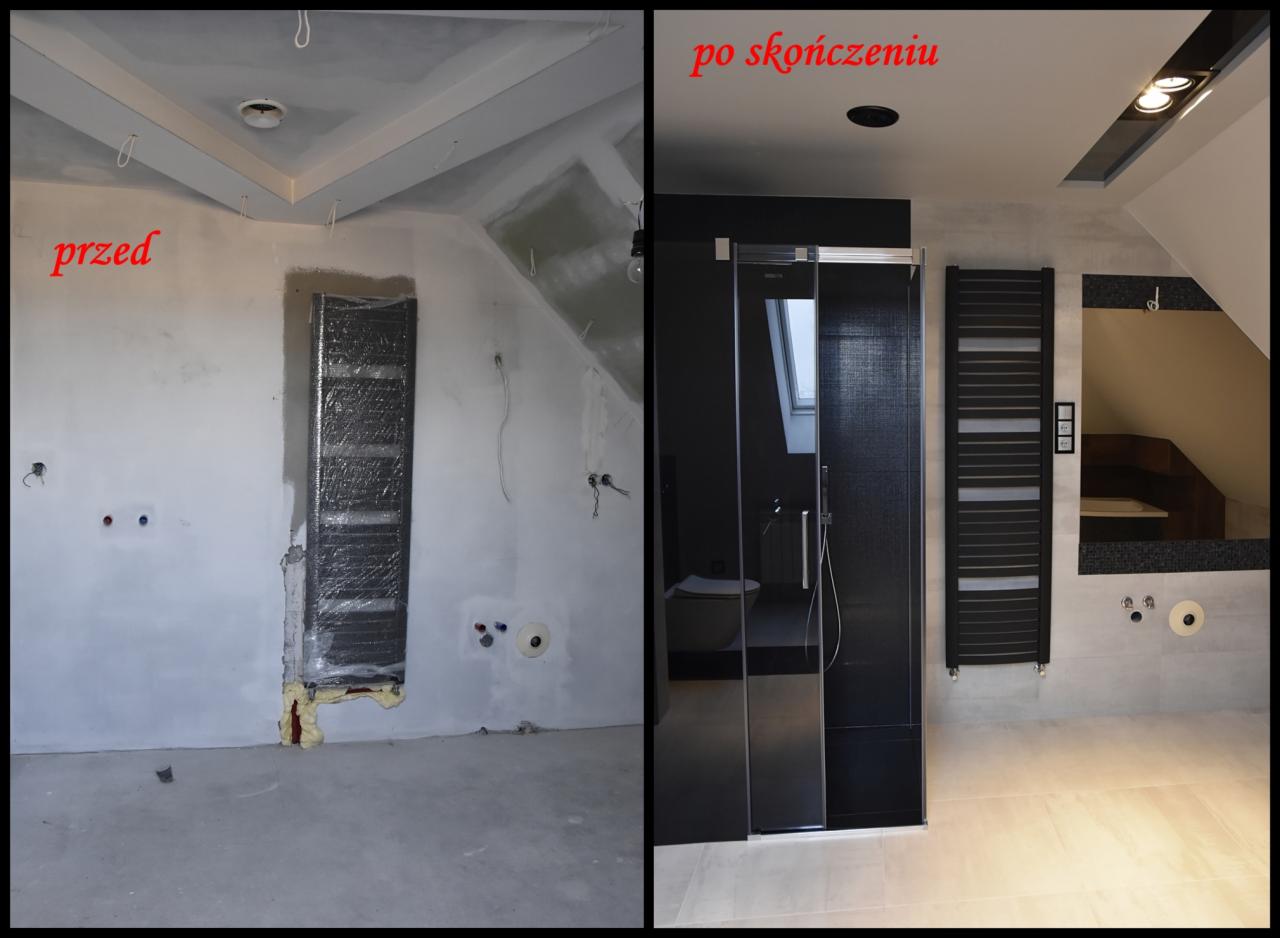 Porównanie stanu łazienki przed i po: surowy stan z nieotynkowanymi ścianami i instalacją grzejnika w folii ochronnej kontra nowoczesna łazienka z czarną kabiną prysznicową, grzejnikiem i szarą...