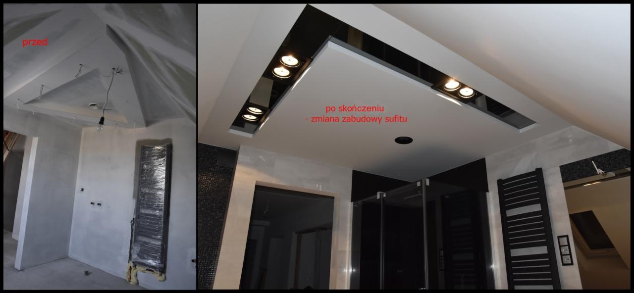 Porównanie stanu sufitu przed i po: surowa konstrukcja z wiszącym kablem kontra zabudowa z oświetleniem punktowym w nowoczesnej łazience z czarnymi akcentami.
