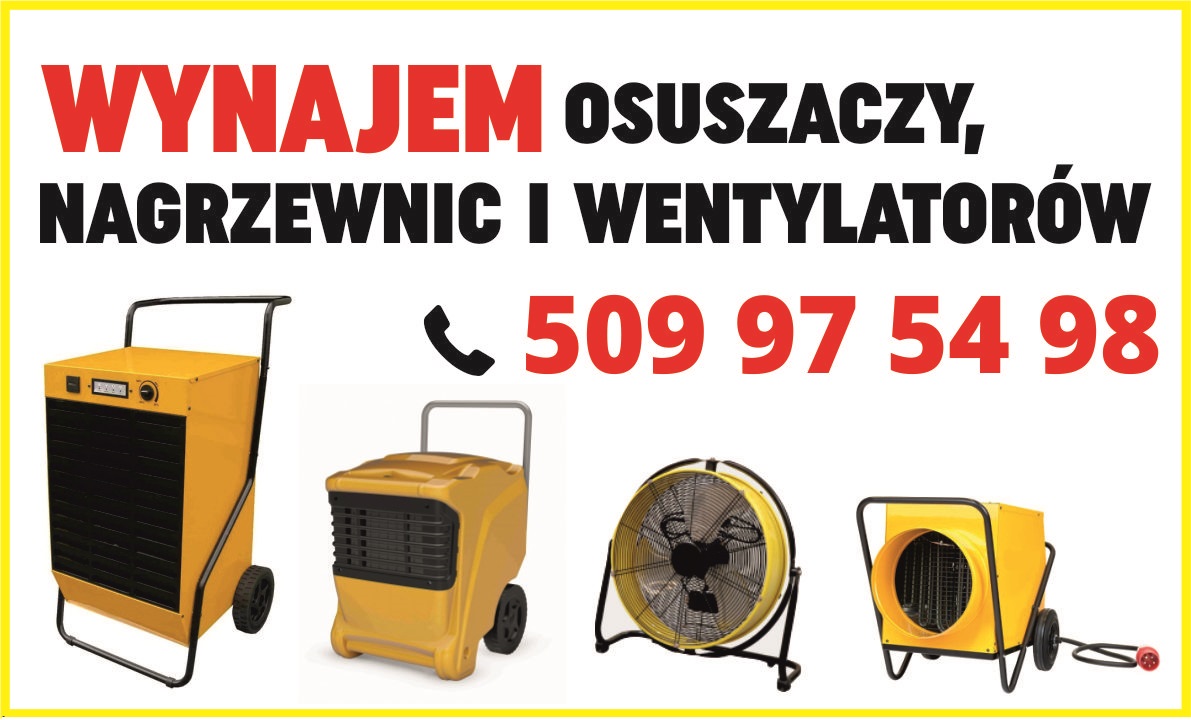 Żółte osuszacze, nagrzewnice i wentylatory na kółkach, prezentowane na białym tle z dużym numerem telefonu kontaktowego.