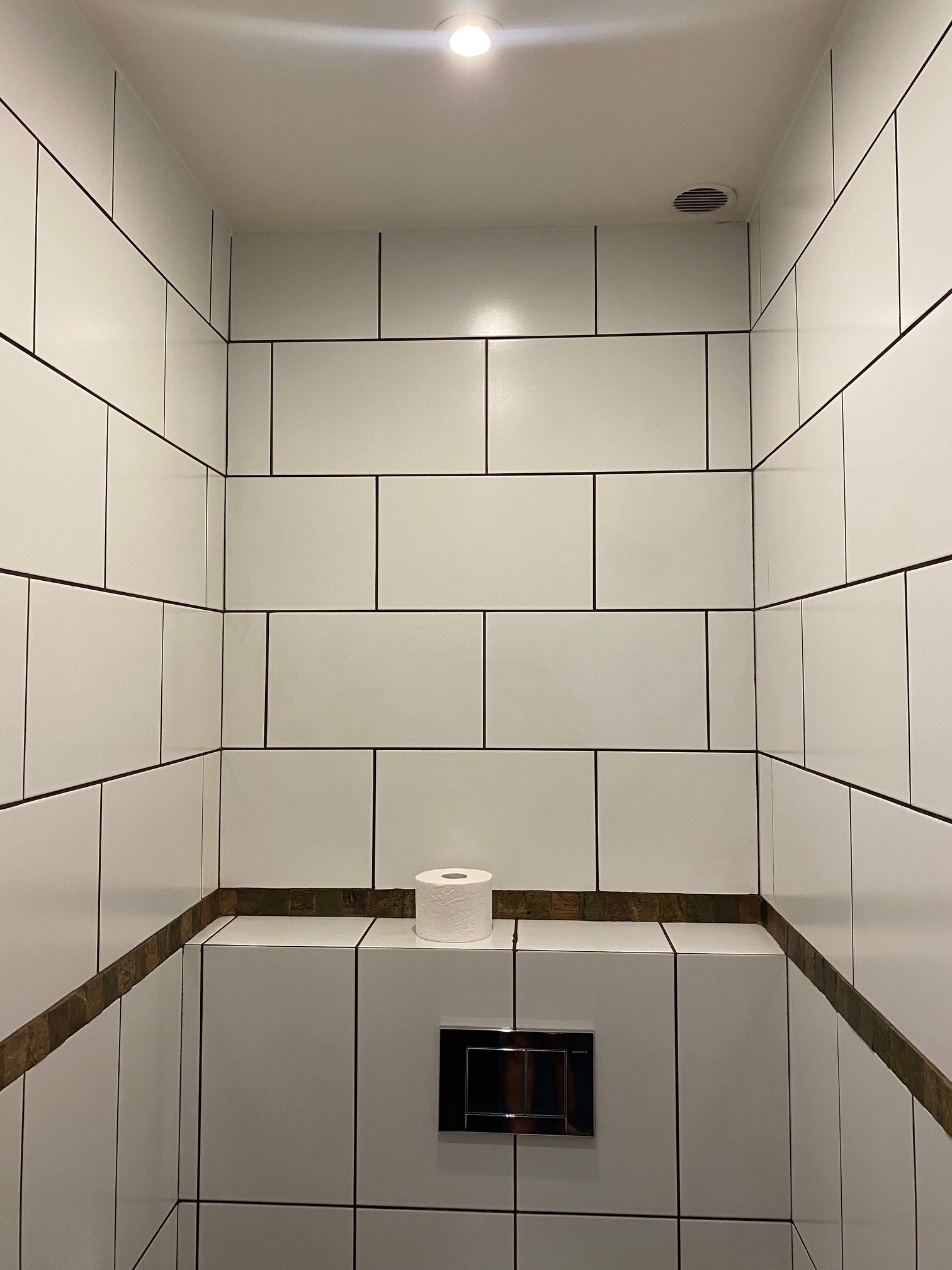 Wnętrze małej łazienki wyłożonej białymi, prostokątnymi płytkami z ciemną fugą, z widocznym fragmentem toalety z przyciskiem spłukującym i rolką papieru toaletowego, oświetlone górnym światłem...