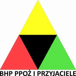Logo firmy BHP PPOŻ i Przyjaciele: abstrakcyjny trójkąt podzielony na cztery pola: żółte, czerwone, zielone i czarne.
