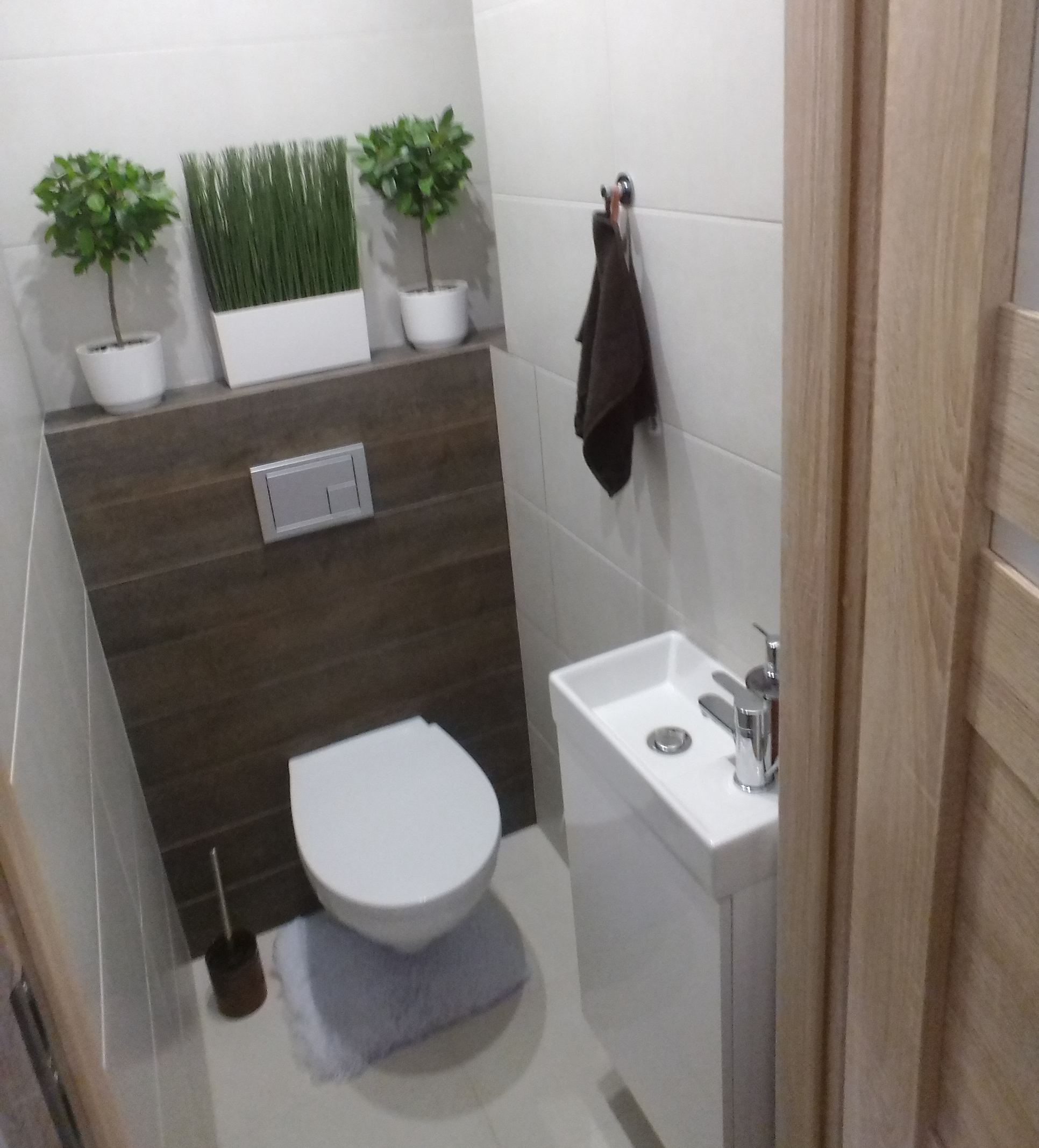 Nowoczesna, wykafelkowana łazienka z wiszącą toaletą, umywalką nablatową na szafce, i roślinami doniczkowymi na półce nad spłuczką.