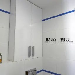 Biała szafka łazienkowa z dwoma drzwiczkami i srebrnymi uchwytami, umieszczona nad toaletą z chromowanym przyciskiem spłukiwania, na tle białych płytek z niebieskim akcentem i logo firmy Dales Wood.