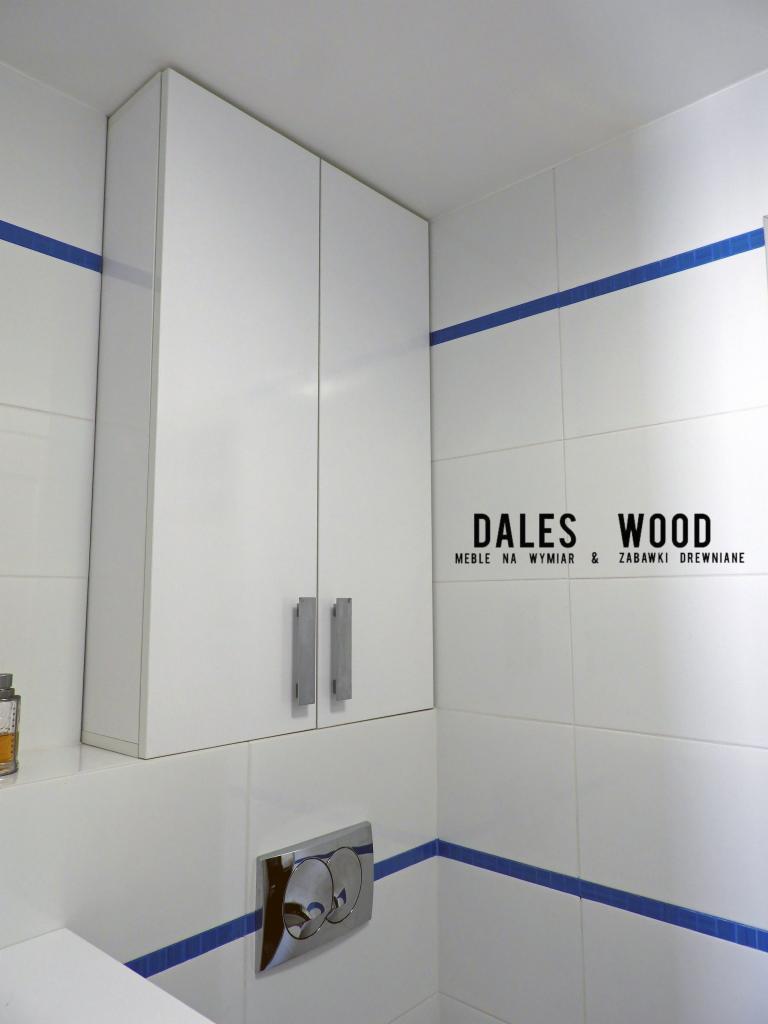 Biała szafka łazienkowa z dwoma drzwiczkami i srebrnymi uchwytami, umieszczona nad toaletą z chromowanym przyciskiem spłukiwania, na tle białych płytek z niebieskim akcentem i logo firmy Dales Wood.