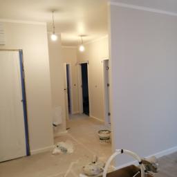 remoncik - Korytarz w trakcie odświeżania, z widocznymi świeżo pomalowanymi ścianami w jasnym odcieniu szarości, zabezpieczonymi folią drzwiami po lewej stronie, oraz kartonem z narzędziami malarskimi...