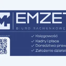 Niebieski baner biura rachunkowego EMZET z kodem QR, oferującego usługi księgowości, kadr i płac, doradztwa prawnego i zakładania działalności.