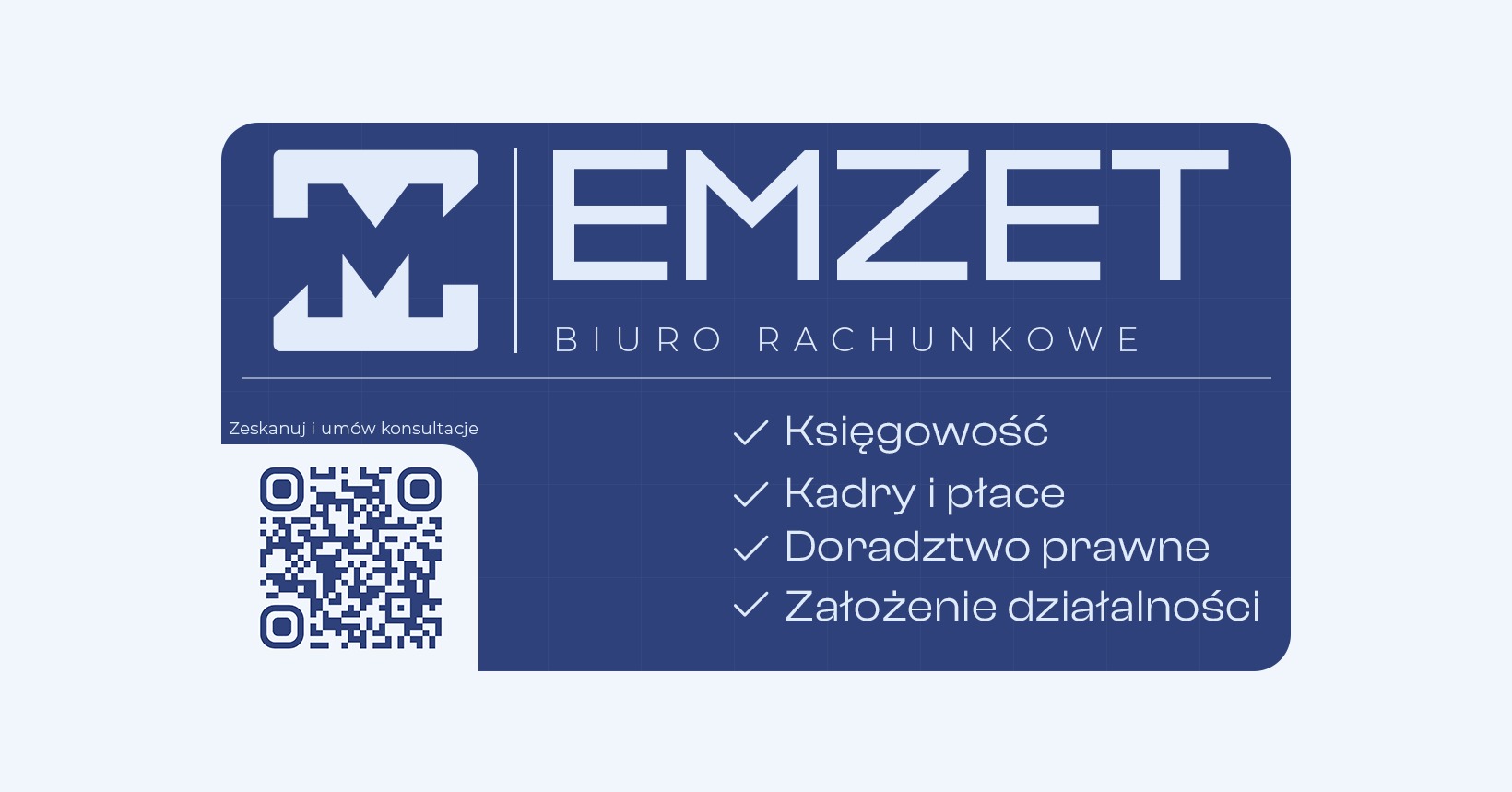 Niebieski baner biura rachunkowego EMZET z kodem QR, oferującego usługi księgowości, kadr i płac, doradztwa prawnego i zakładania działalności.
