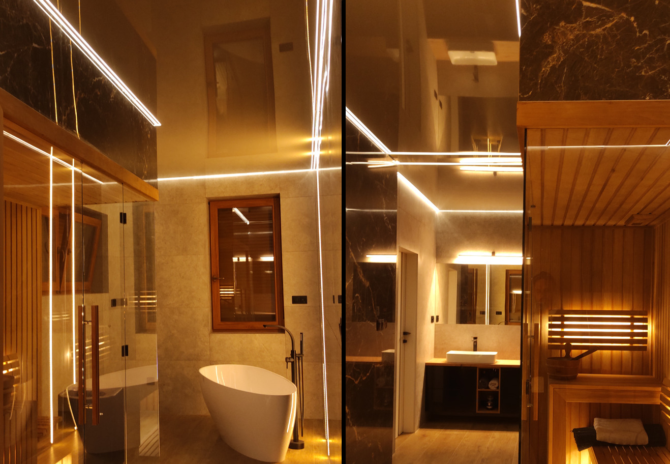 Nowoczesna łazienka z sauną, podświetleniem LED i marmurowymi akcentami, widok z różnych perspektyw.