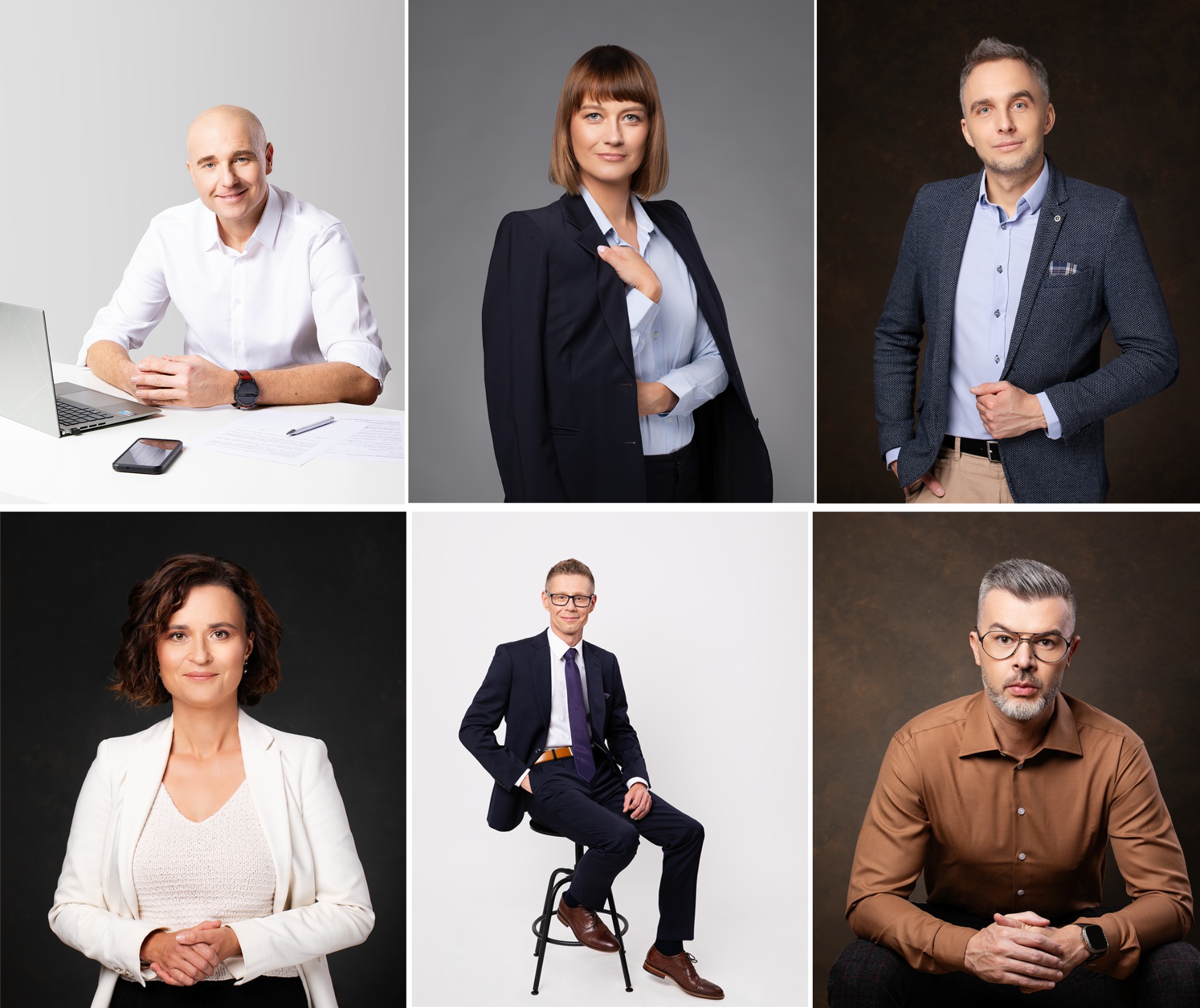 Kolaż sześciu portretów biznesowych na jednolitym tle, ukazujących różnorodność stylów i profesji. Zdjęcia oświetlone studyjnie, z dbałością o detale i wyraz twarzy.