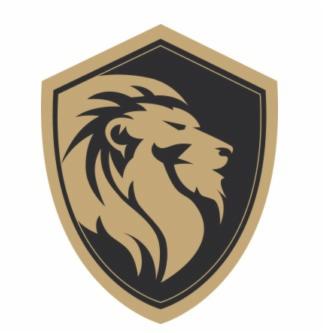 Logo kancelarii prawnej: stylizowana głowa lwa w kolorze złotym, umieszczona w czarnej tarczy z obramowaniem w kolorze złotym, na białym tle.