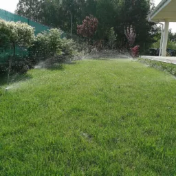 Automatyczny system nawadniania trawnika w akcji, dysze rozpylają wodę na soczystą, zieloną trawę przed domem z białymi kolumnami.