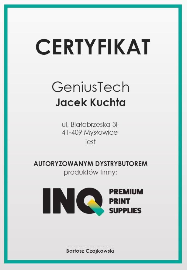 Certyfikat autoryzowanego dystrybutora produktów firmy INQ Premium Print Supplies, wystawiony dla GeniusTech Jacek Kuchta, z adresem w Mysłowicach, podpisany przez Bartosza Czajkowskiego...