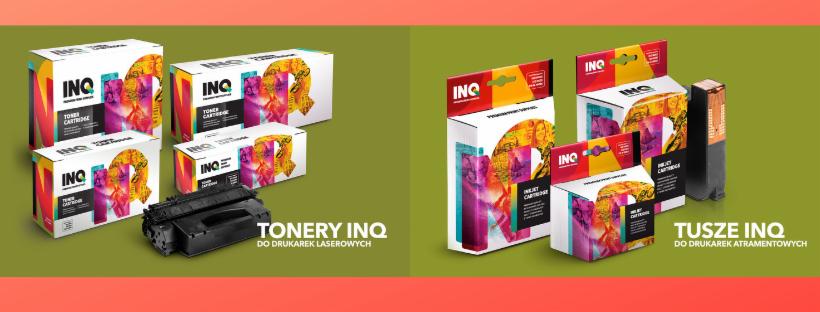 Zestaw materiałów eksploatacyjnych INQ: tonery do drukarek laserowych oraz tusze do drukarek atramentowych w opakowaniach z abstrakcyjną grafiką, na dwukolorowym tle.