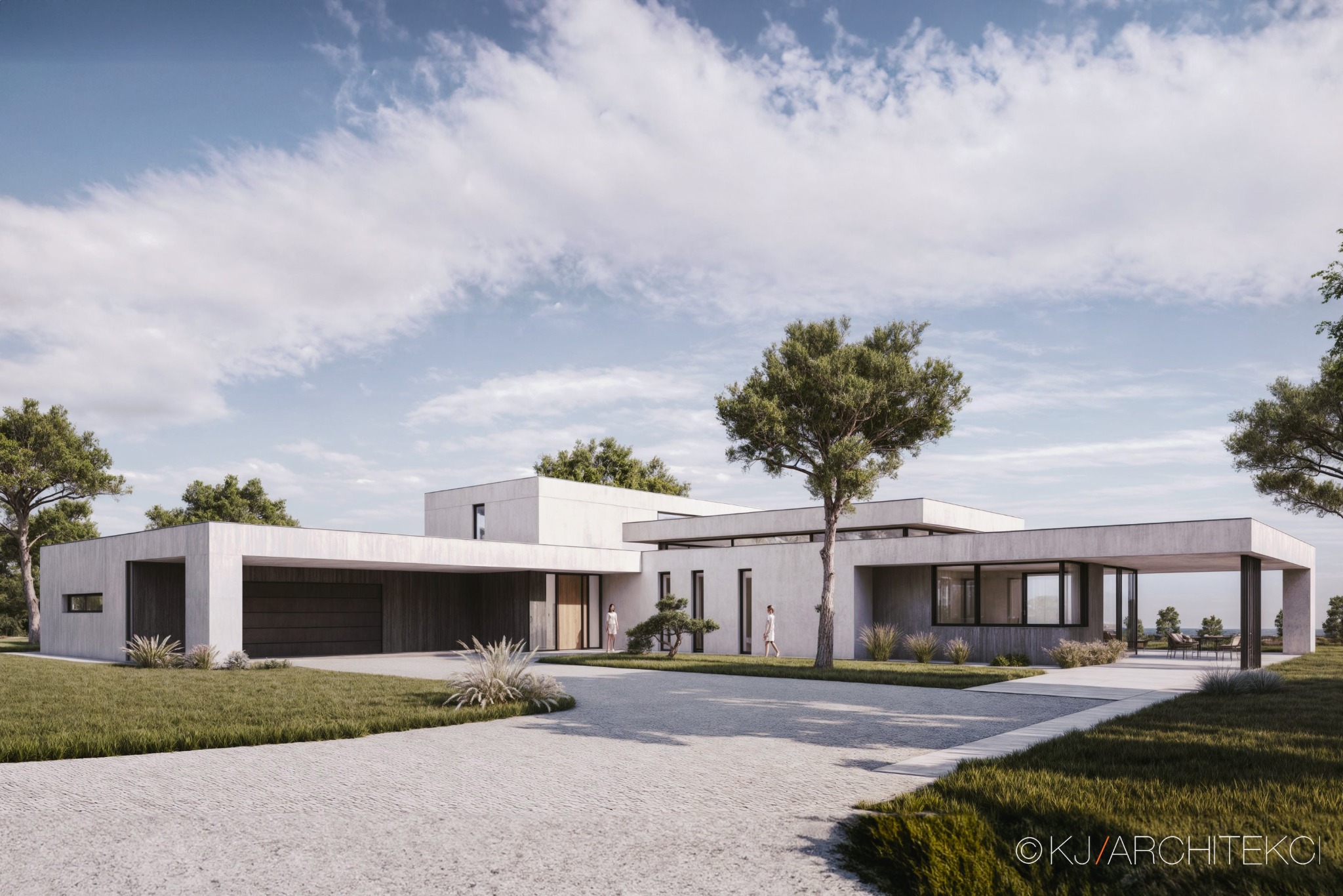 Wizualizacja nowoczesnego domu jednorodzinnego z płaskim dachem, dużymi przeszkleniami i betonową elewacją, z dwoma osobami na podjeździe i starannie zaprojektowanym ogrodem.