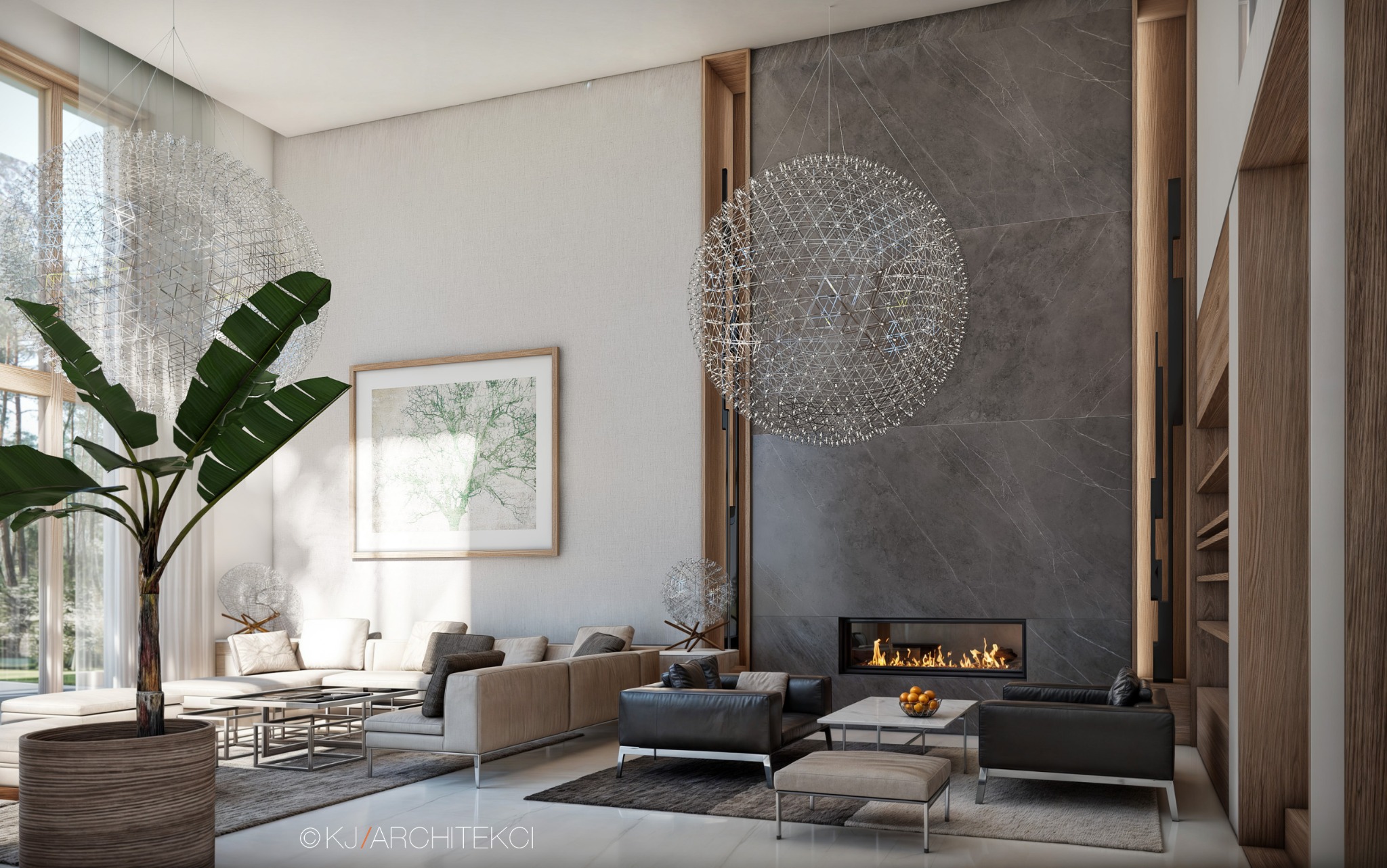 Wnętrze przestronnego salonu z kominkiem obłożonym szarym marmurem, nowoczesnym oświetleniem w formie kulistych lamp i rośliną doniczkową o dużych liściach, widok z poziomu podłogi.