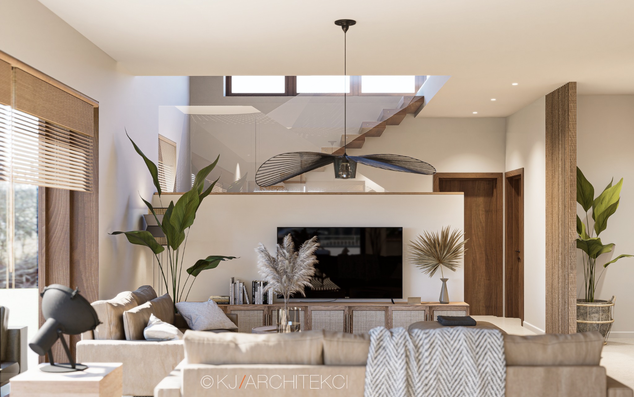 Wizualizacja wnętrza salonu z drewnianymi schodami, wiszącą lampą w kształcie wachlarza, telewizorem na komodzie z rattanowymi frontami, roślinami doniczkowymi i beżową sofą z wzorzystym pledem.