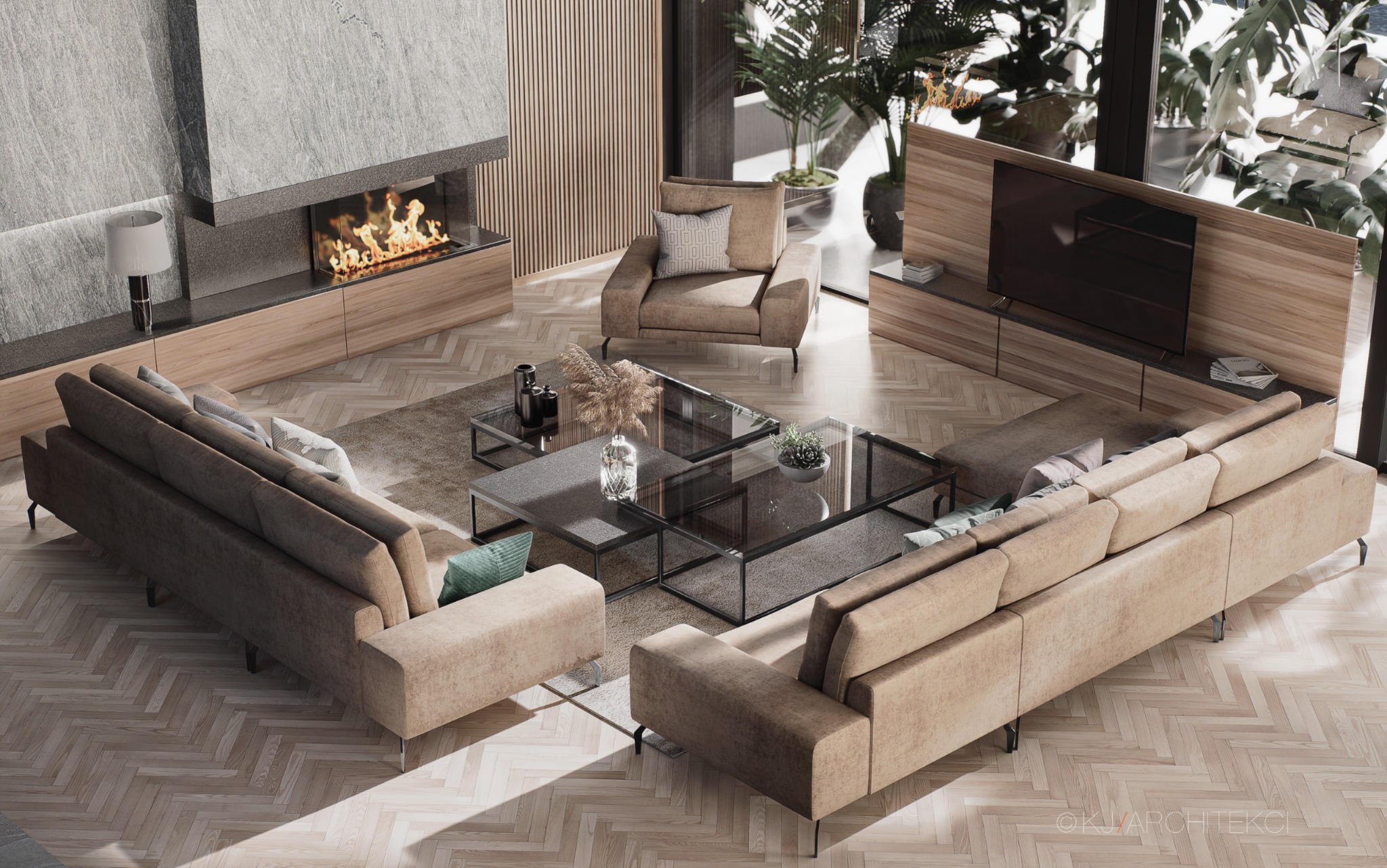 Wizualizacja przestronnego salonu z kominkiem obłożonym szarym kamieniem, dwiema sofami w odcieniach beżu, szklanymi stolikami kawowymi i parkietem ułożonym w jodełkę.